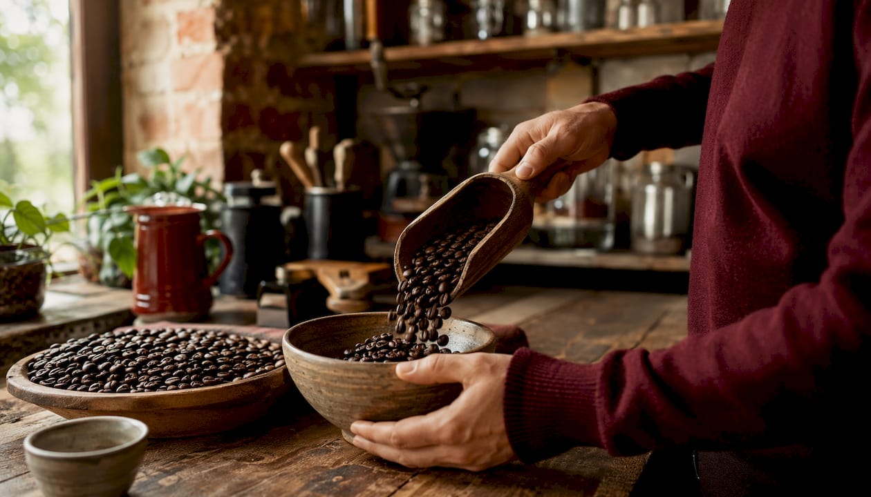 Hands with dark roasted coffee beans at artisan roaster