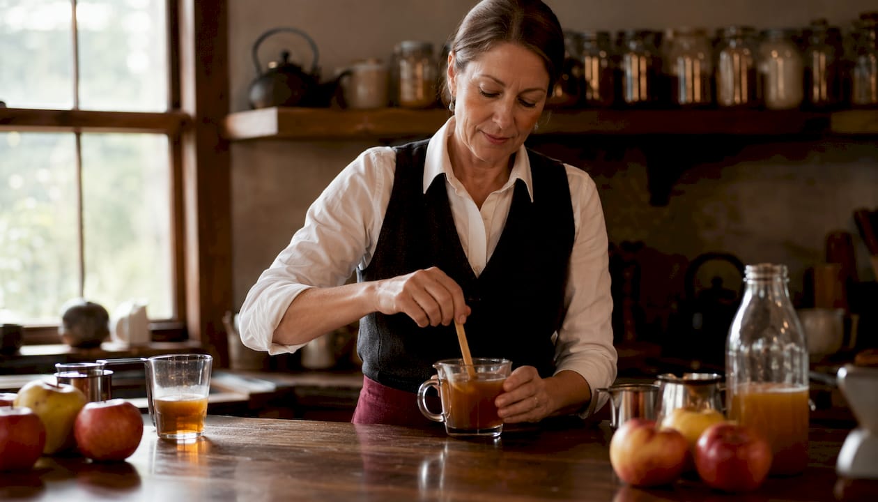 Barista stirring apple cider concentrate drink at café counter