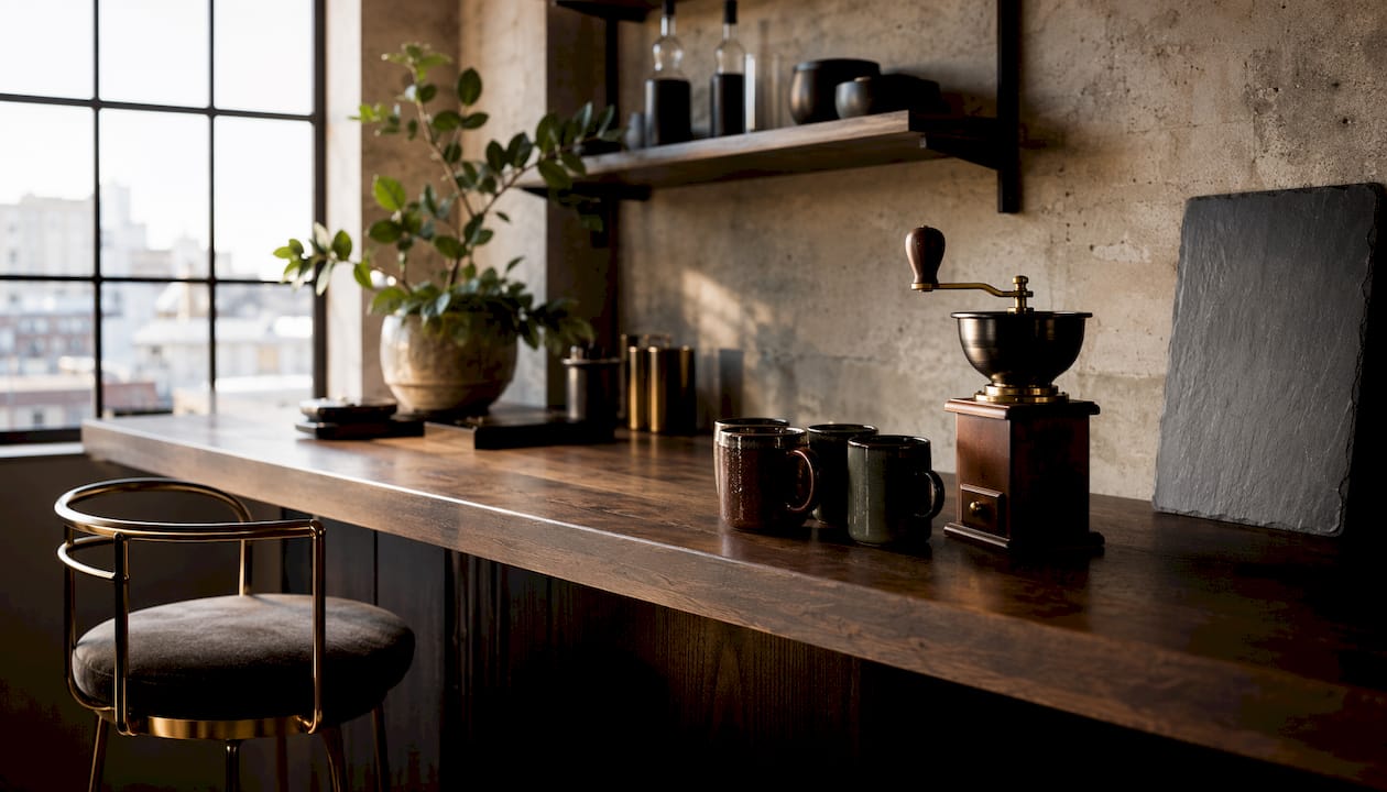 Rustic coffee bar corner with vintage accessories