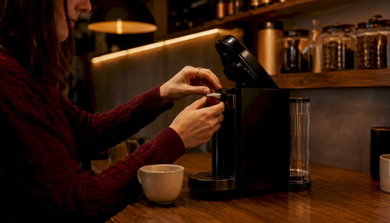 Hands loading pod coffee machine in office kitchenette