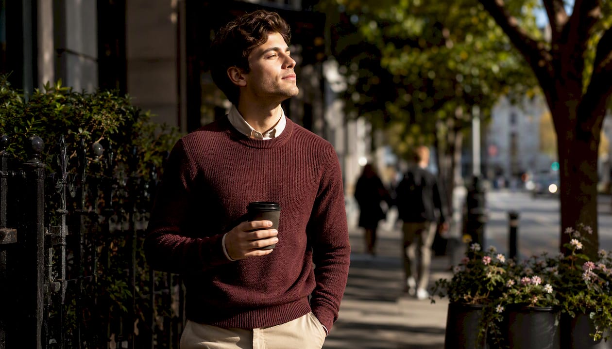 Man enjoying morning light with coffee in city park