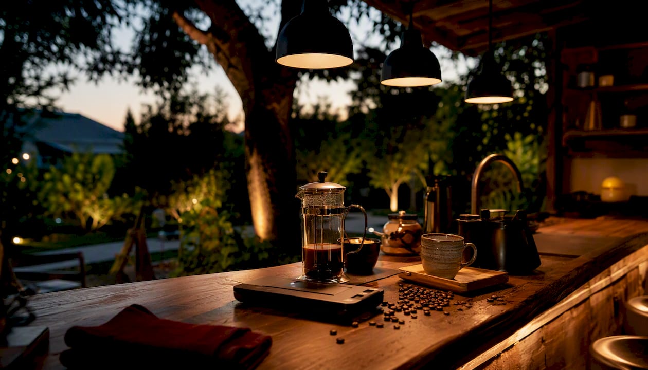 Mini pendant lights over home coffee bar counter