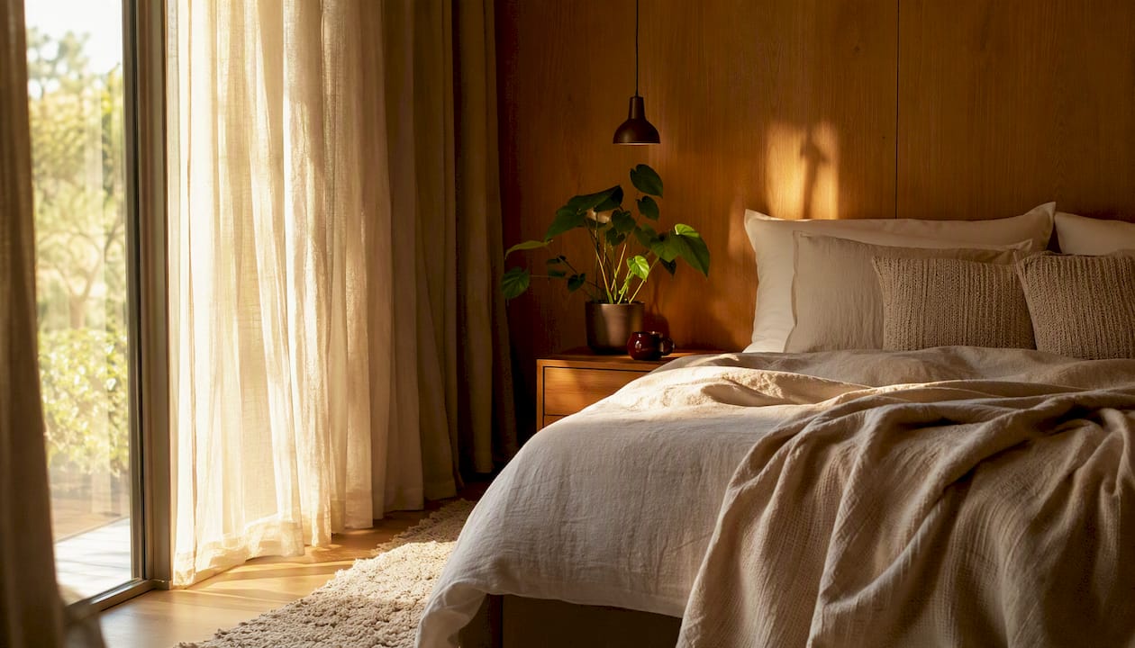 Sunlight through curtains on bedroom interior