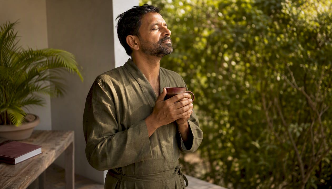 Man in robe holding coffee mug peacefully
