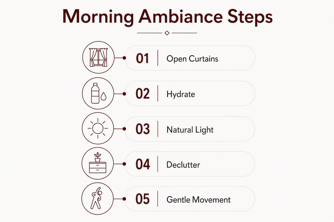 Infographic showing morning ambiance steps to boost mood and energy