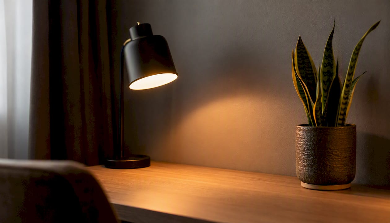Minimalist desk facing wall with plant