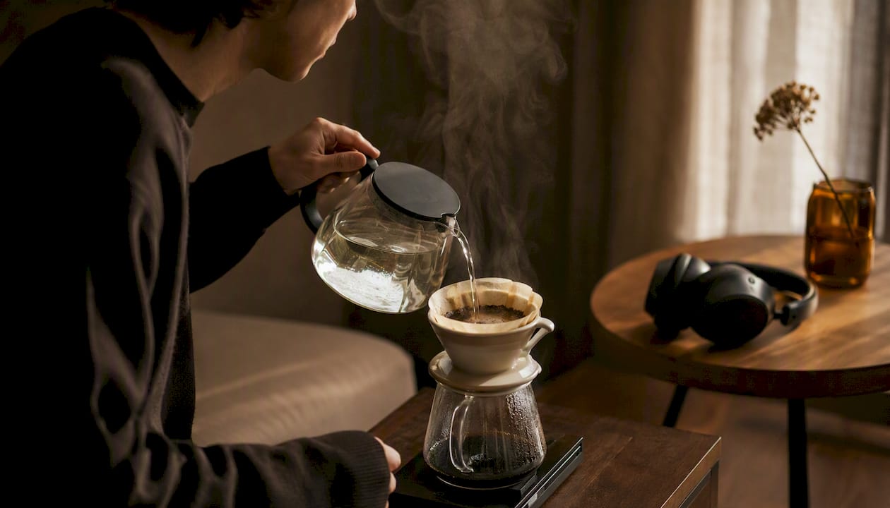 Pouring water over coffee grounds with headphones nearby