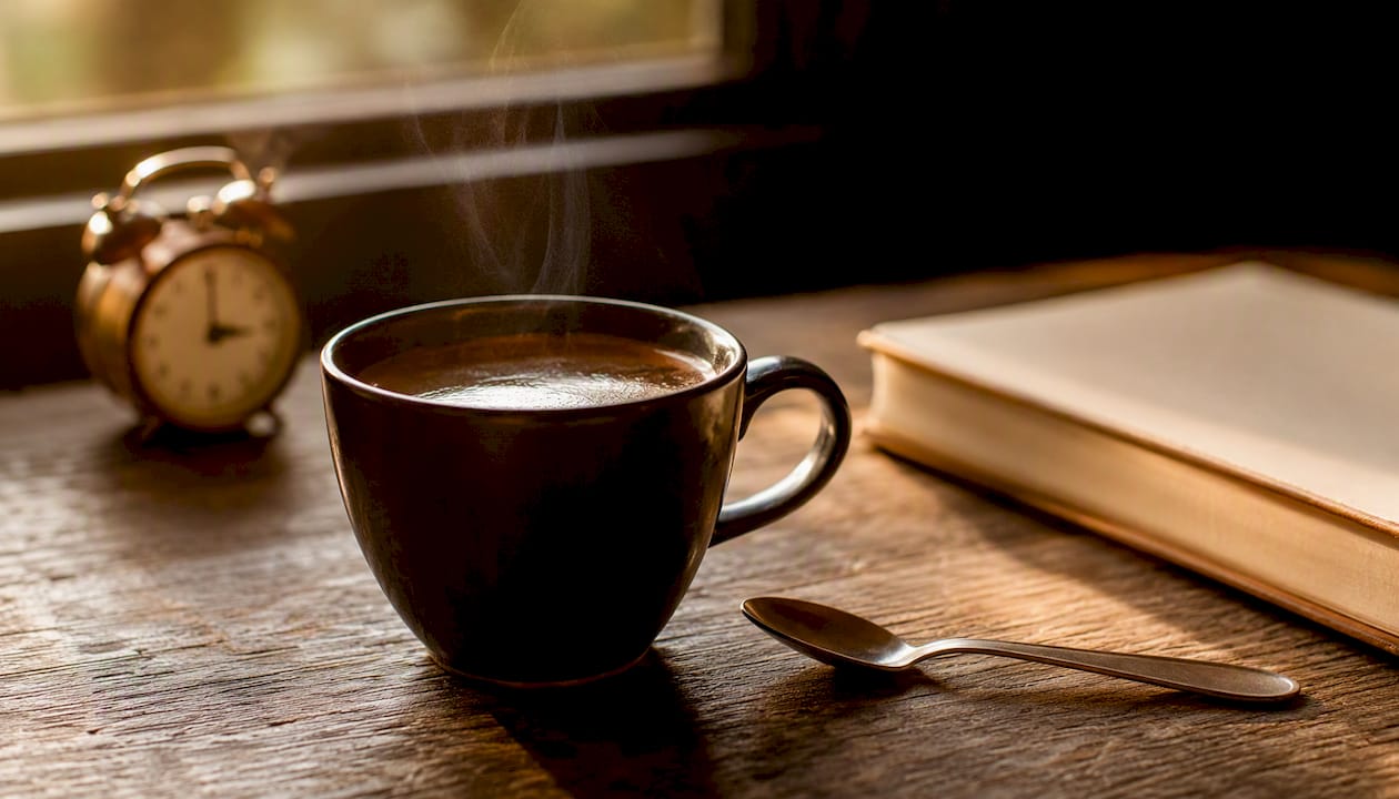 Coffee cup on desk in warm morning light