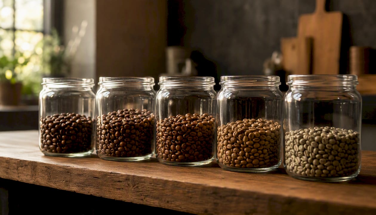 Jars of coffee beans at different maturation stages