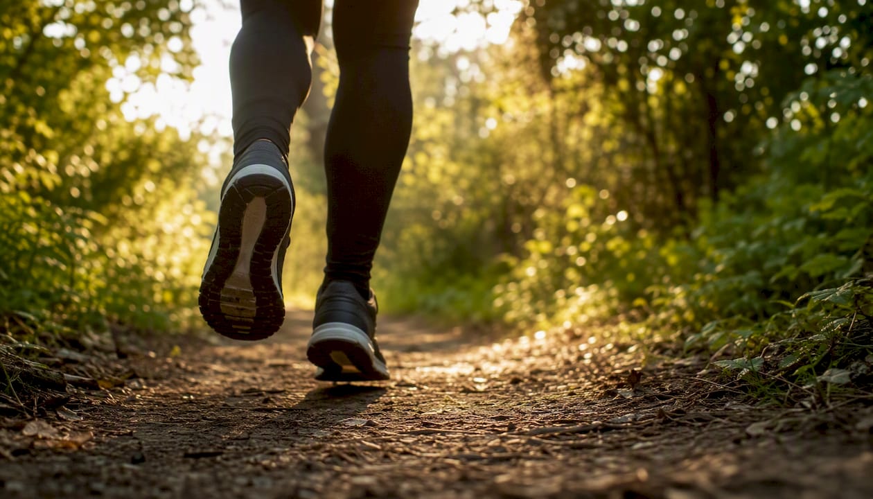Legs walking outdoors in morning light