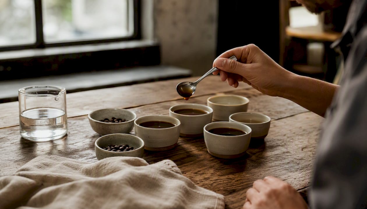 Hands engaged in coffee taste testing ritual