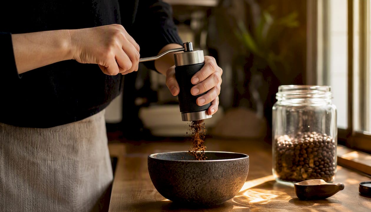 Hands grinding coffee beans manually