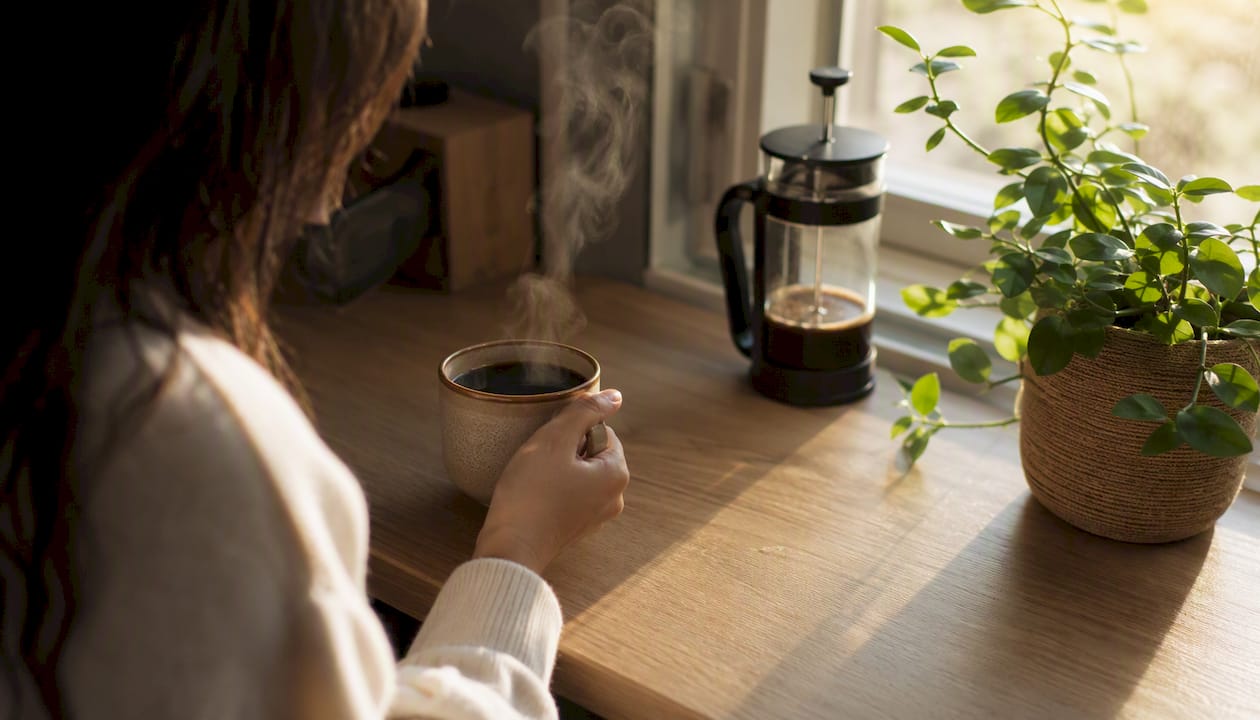 Hand holding coffee cup in cozy kitchen morning