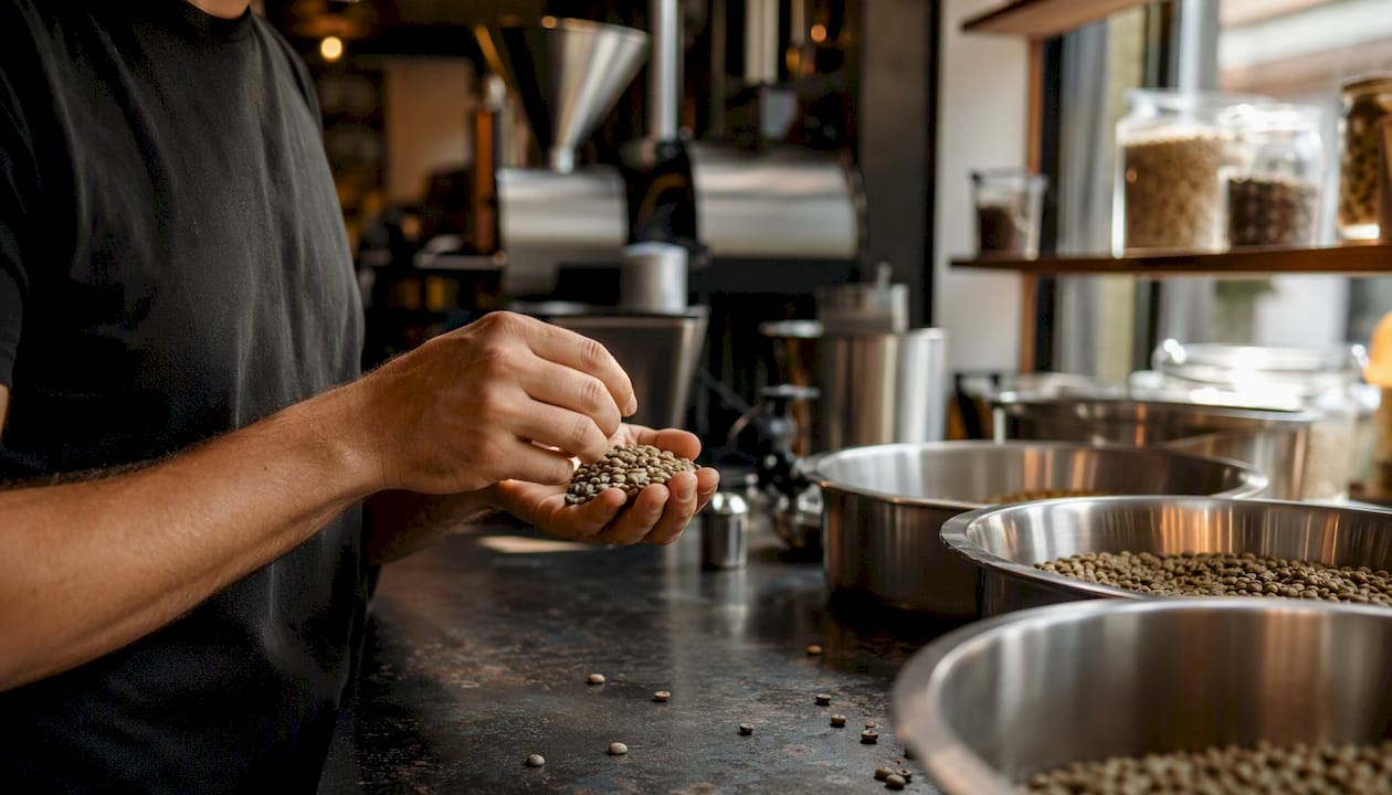 Close-up of coffee beans at decaffeination process