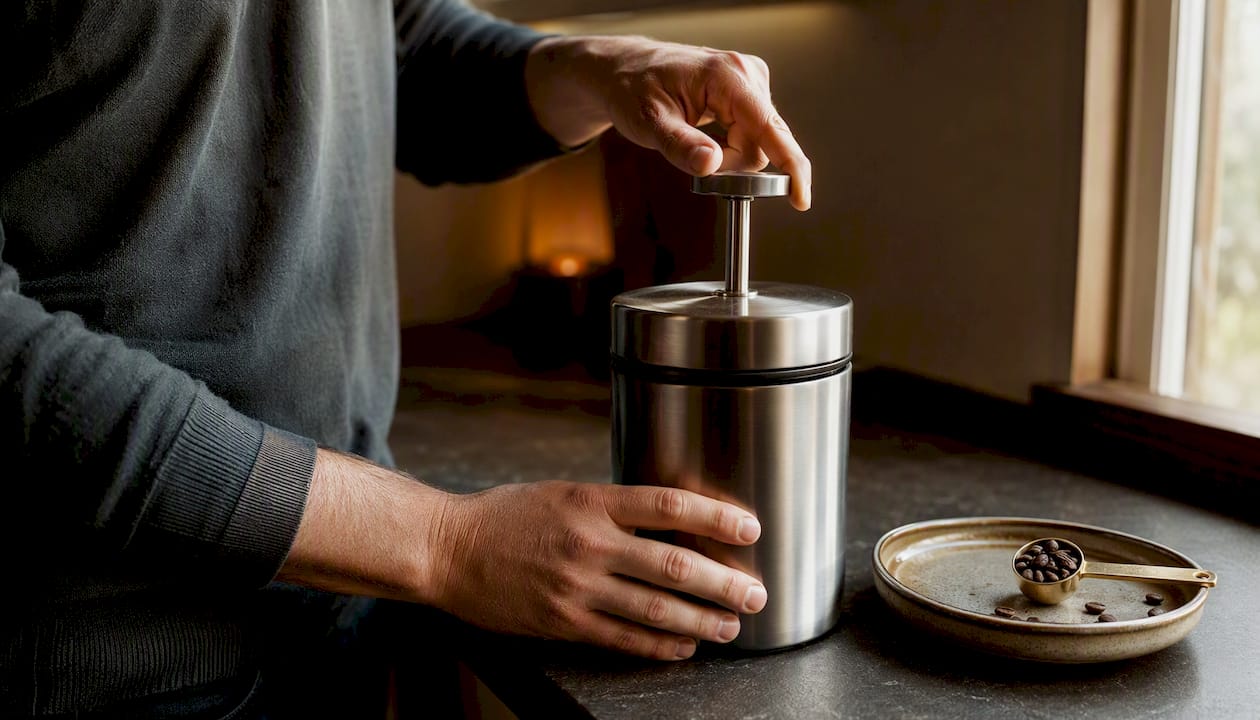 Hands operating vacuum canister lid