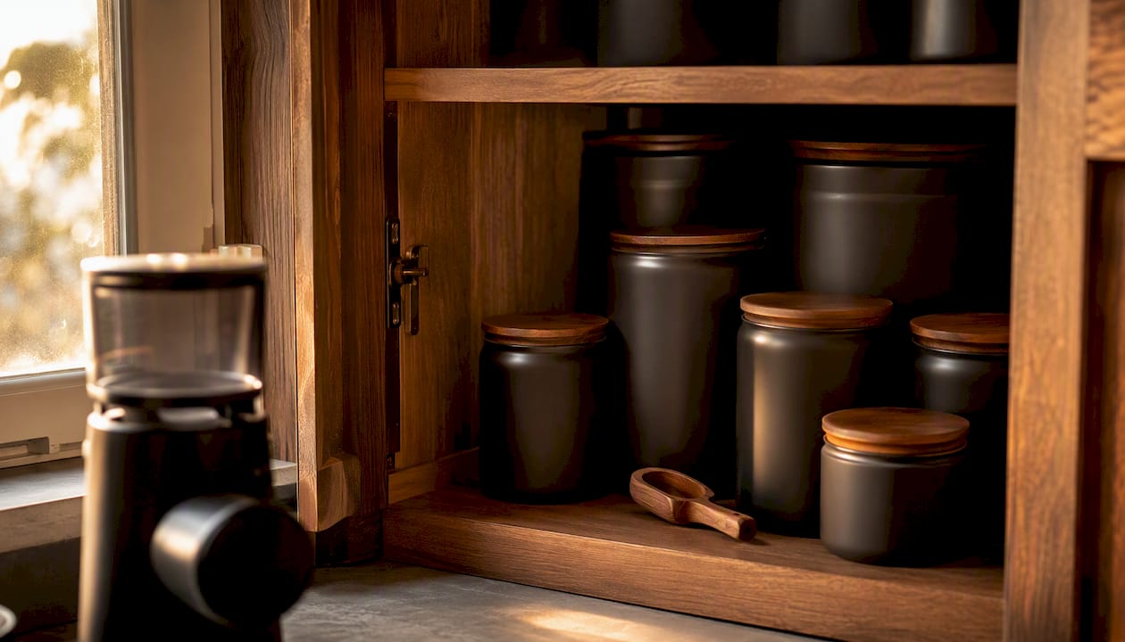Small kitchen cabinet with coffee containers arranged