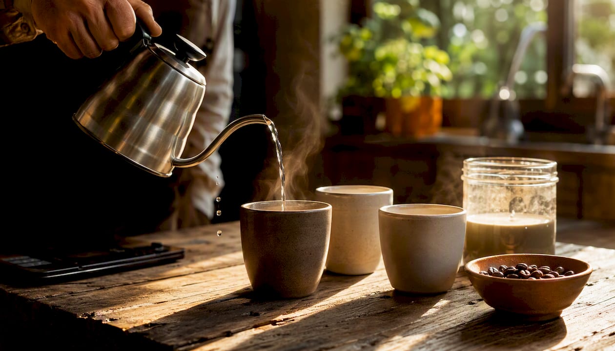Hand pouring water for coffee taste test