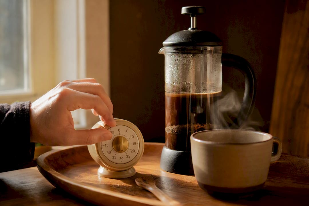 Hand adjusting kitchen timer next to French Press