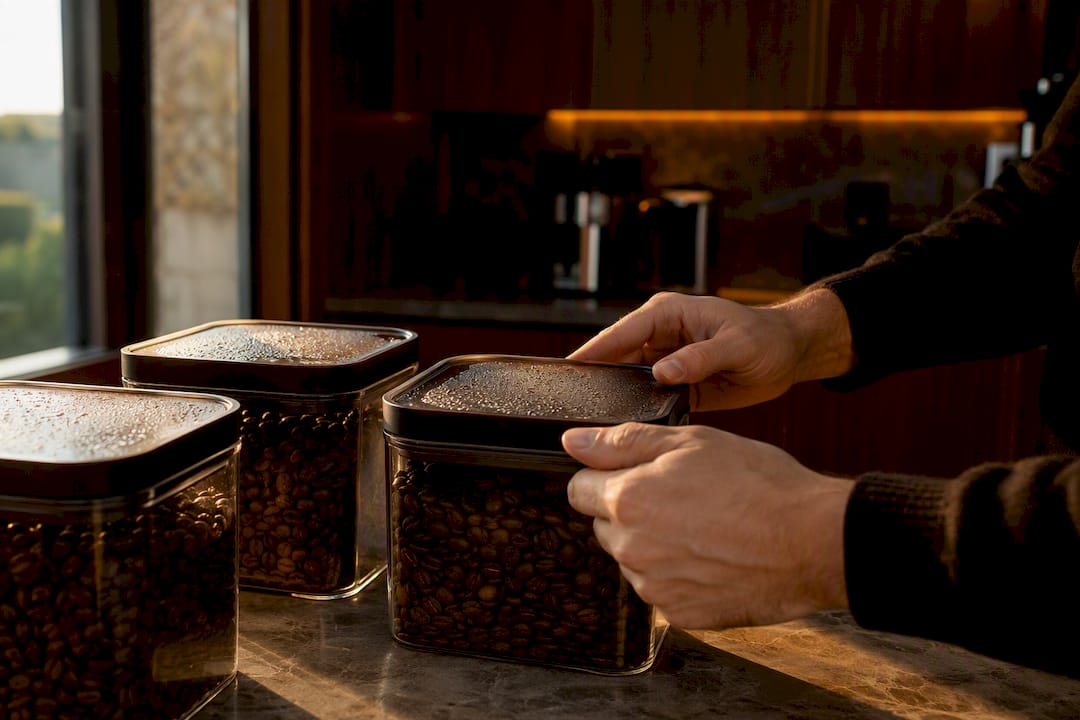 Hands sealing coffee container