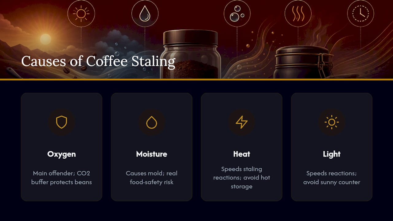 Diagram of four causes of coffee staling