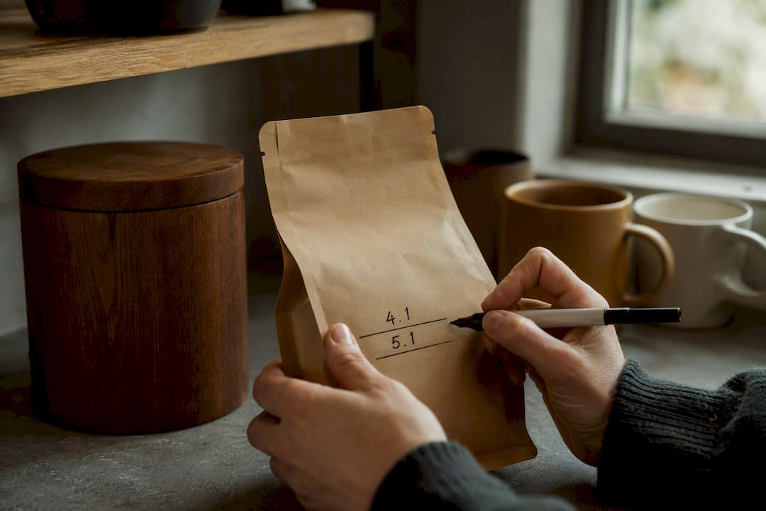 Hand writing roast and peak date on coffee bag