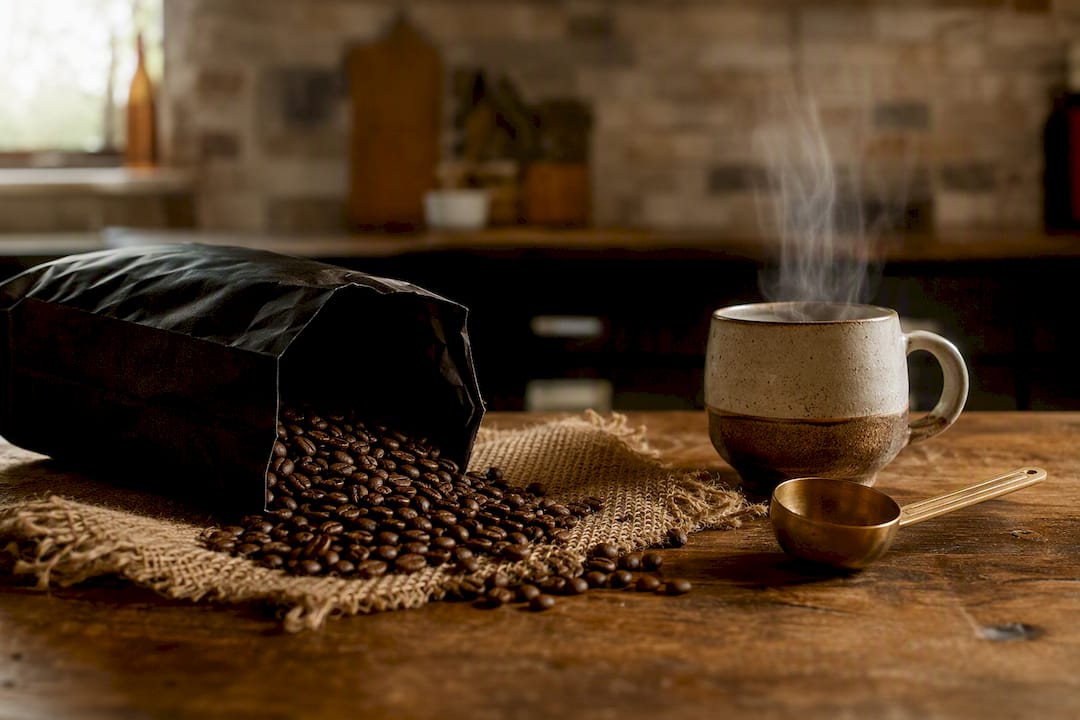 Freshly roasted coffee bag with beans on counter