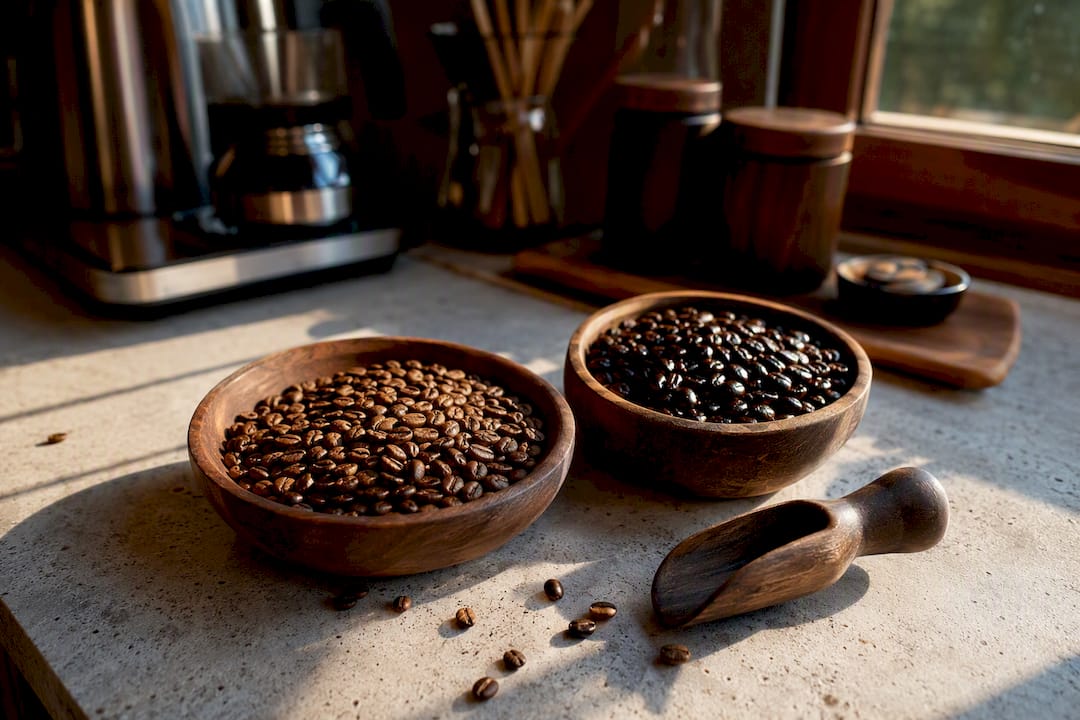 Side by side light and dark roast coffee beans
