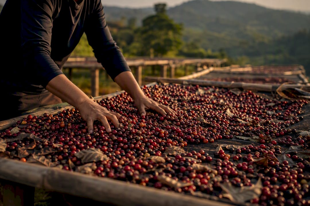 Hands spreading coffee cherries on drying bed