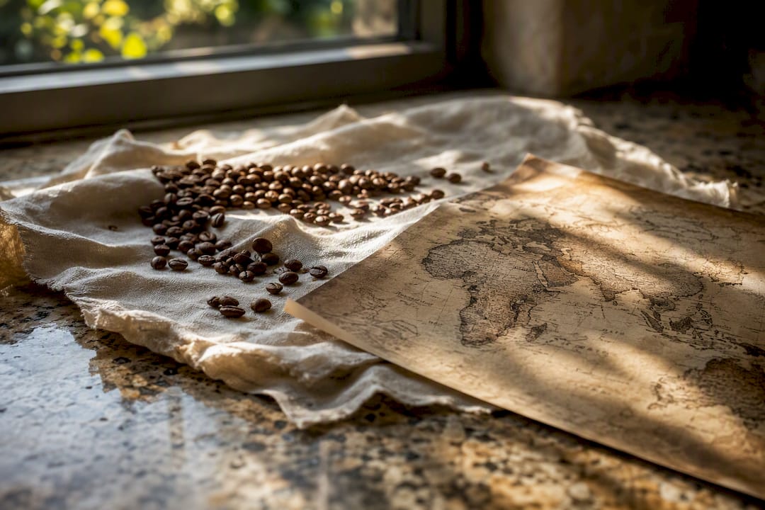 Map and coffee beans symbolizing origin layers