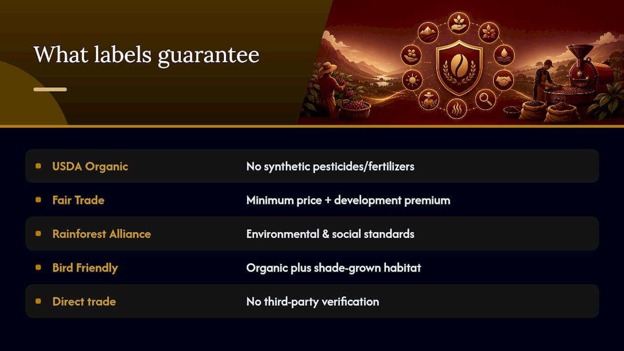 What coffee certification labels actually guarantee — overview diagram