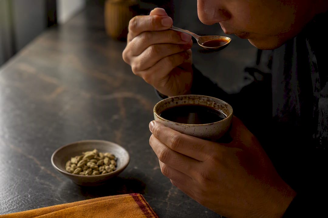 Taster evaluating Sumatra coffee aroma
