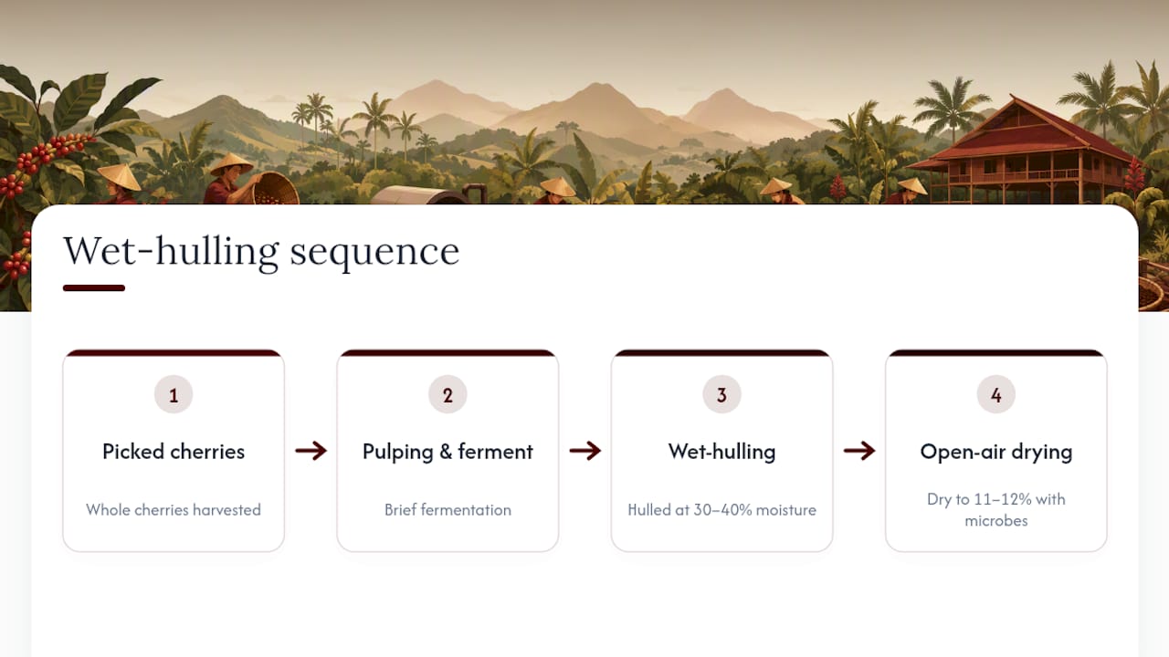 Stages of Sumatra wet-hulling coffee processing