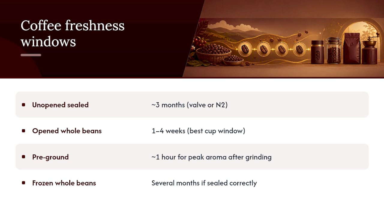Coffee freshness windows by storage method