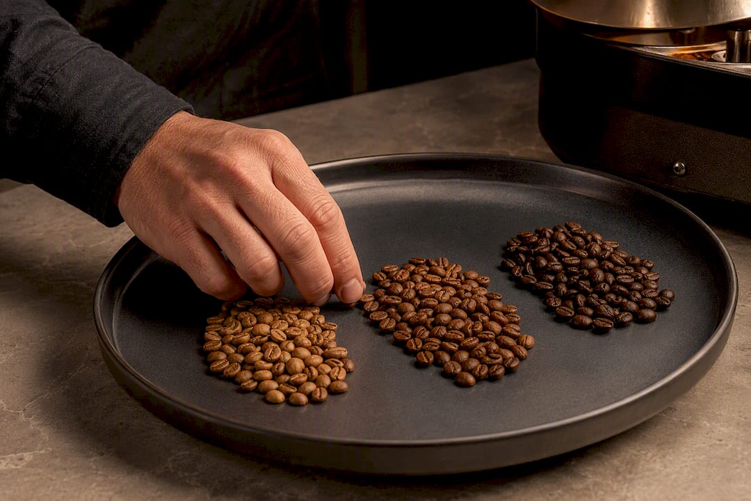 Coffee beans arranged by roast level