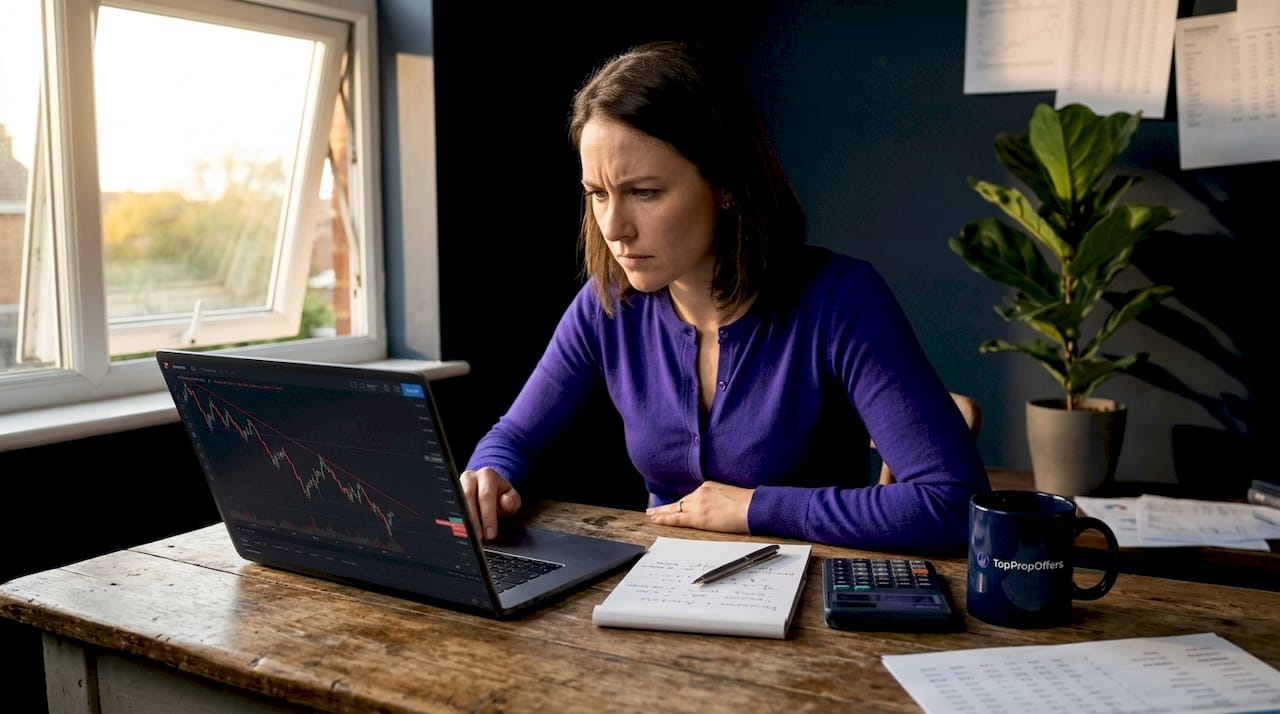 Trader assessing losses in kitchen workspace