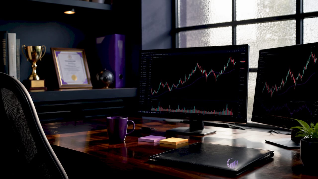 Institutional trading desk with certificates and monitors