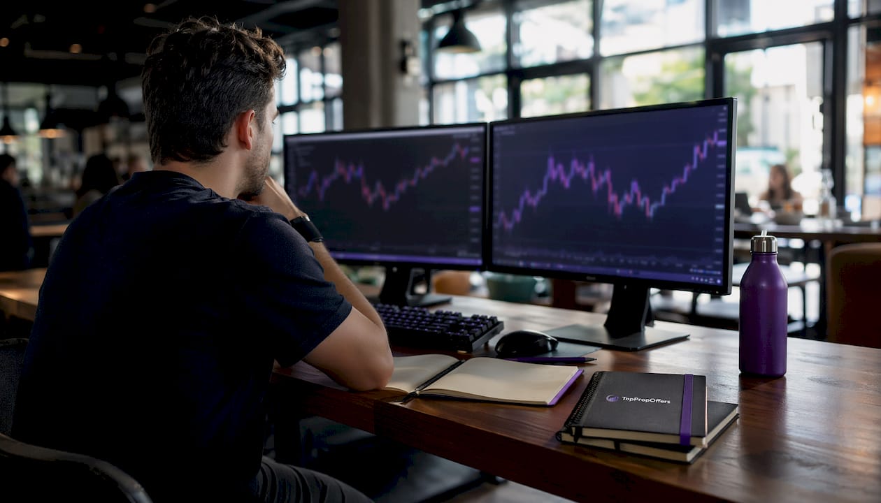 Hands typing on keyboard near financial charts