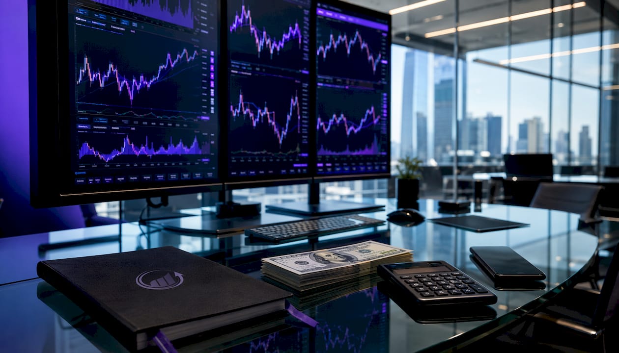 Modern office with multiple crypto trading monitors