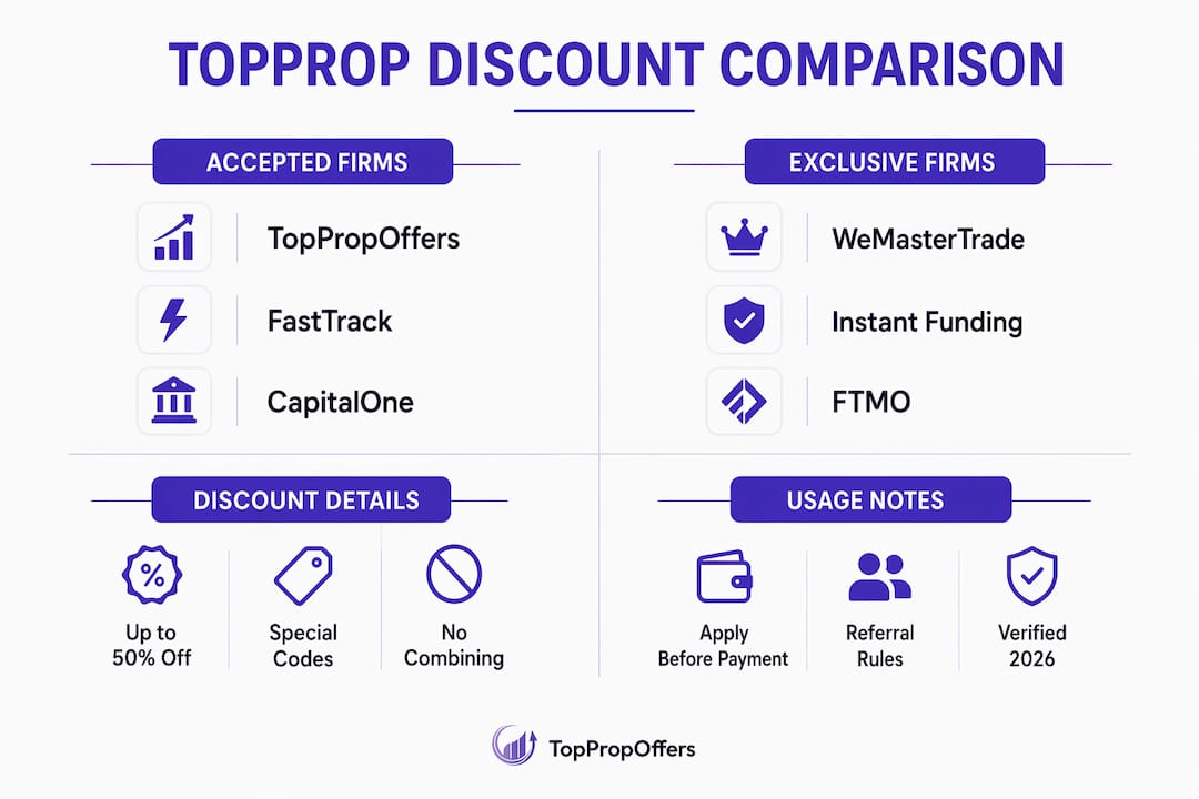 Infographic comparing TOPPROP discount code usage and firms
