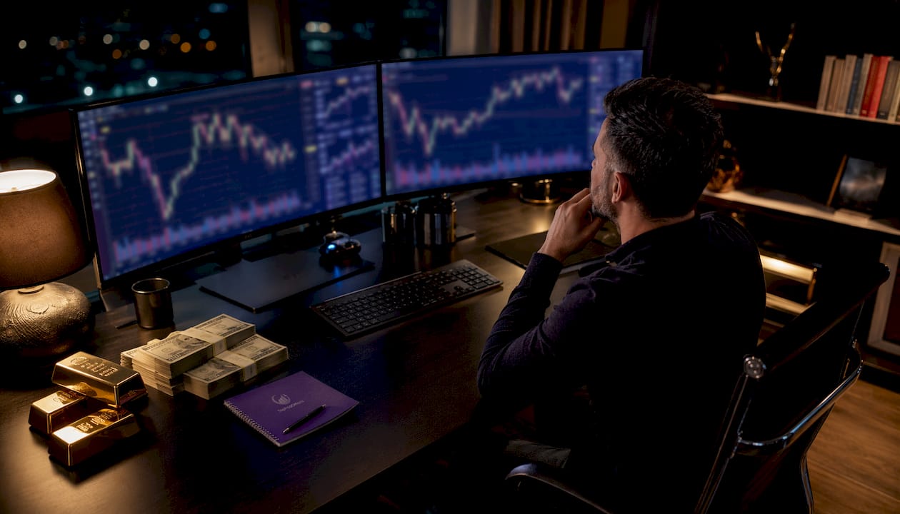 Dark trading dashboard with glowing financial charts