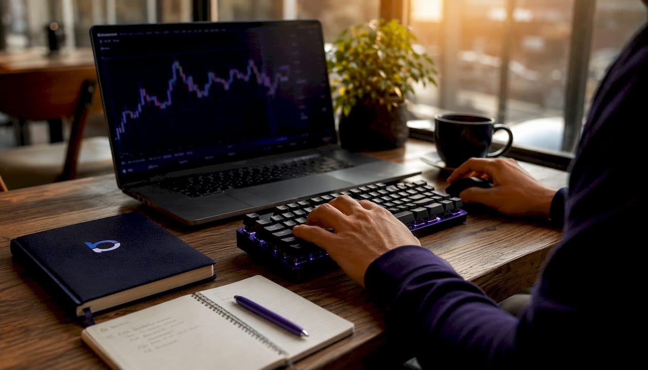 Trader hands on keyboard with financial certificate and charts