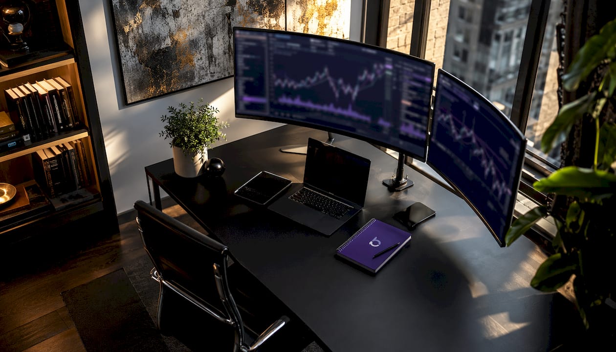 Funded account trading setup with monitors and trophy