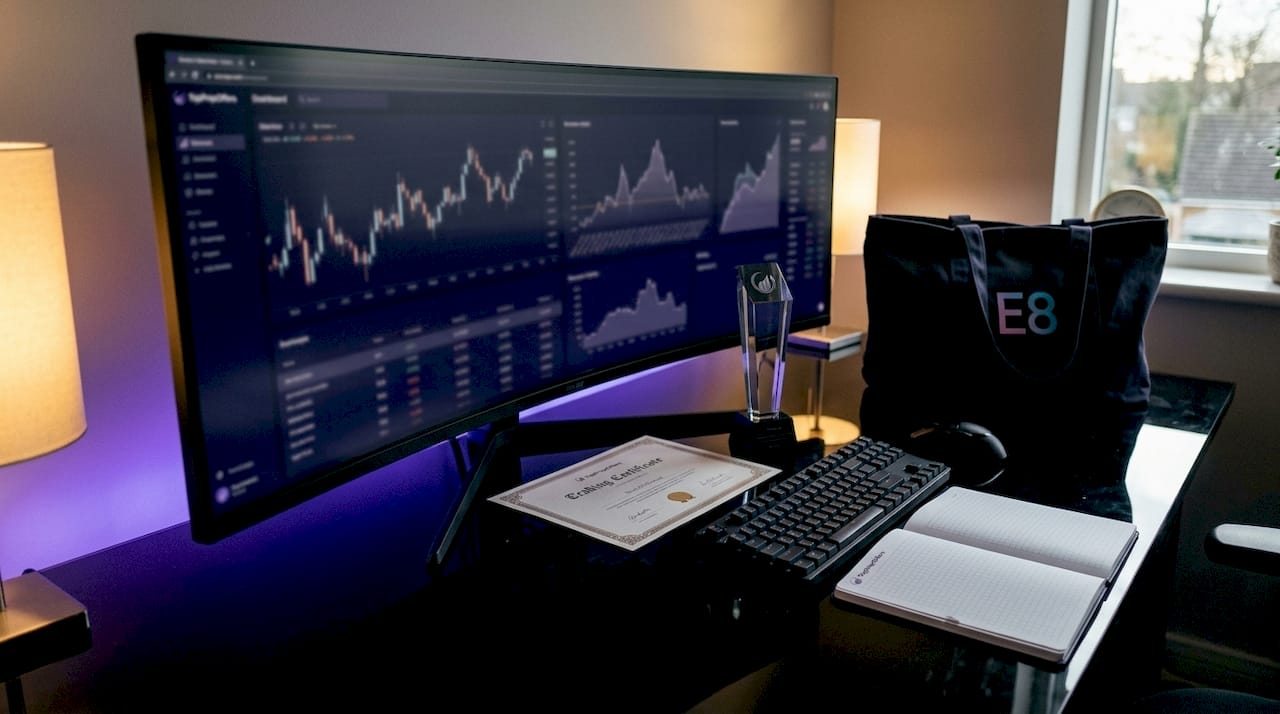 Curved monitor with financial charts and trader milestones