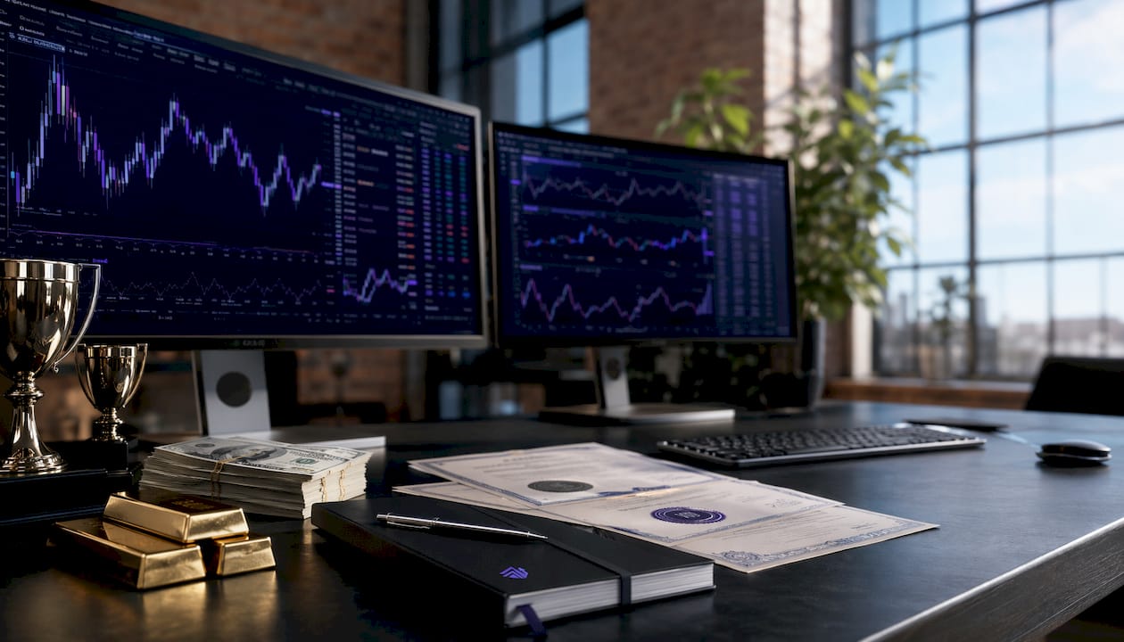 Trading dashboard with evaluation certificates close-up