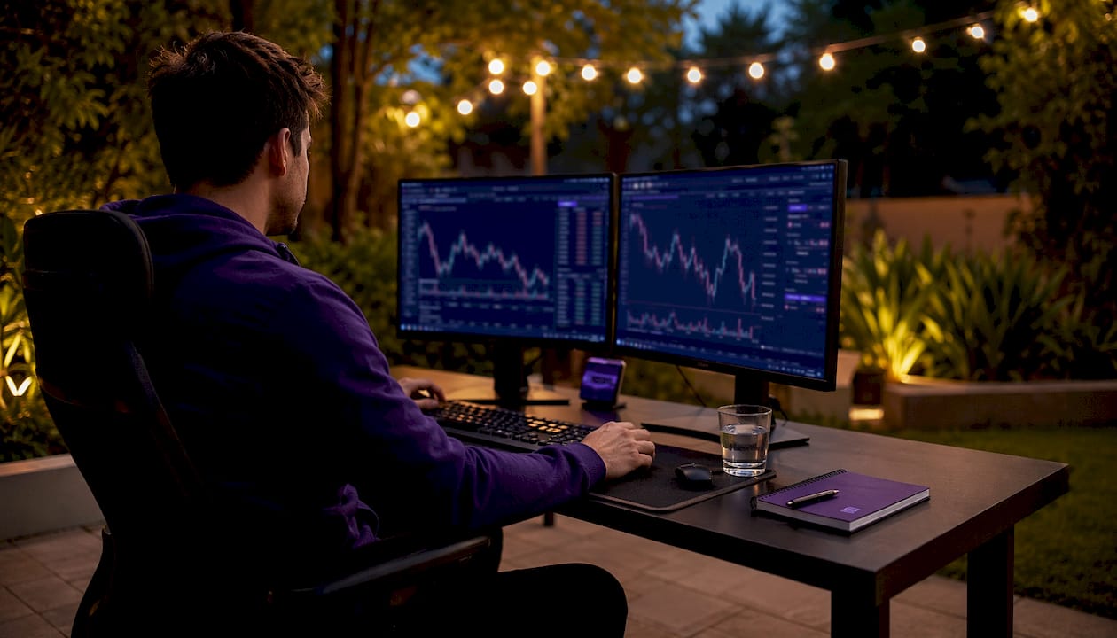 Hands interacting with multi-monitor trading analytics setup