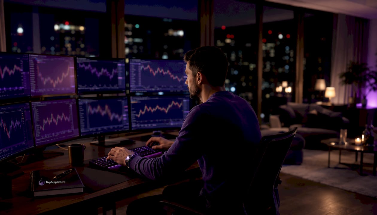 Trader's hands typing next to multiple monitors with trading charts