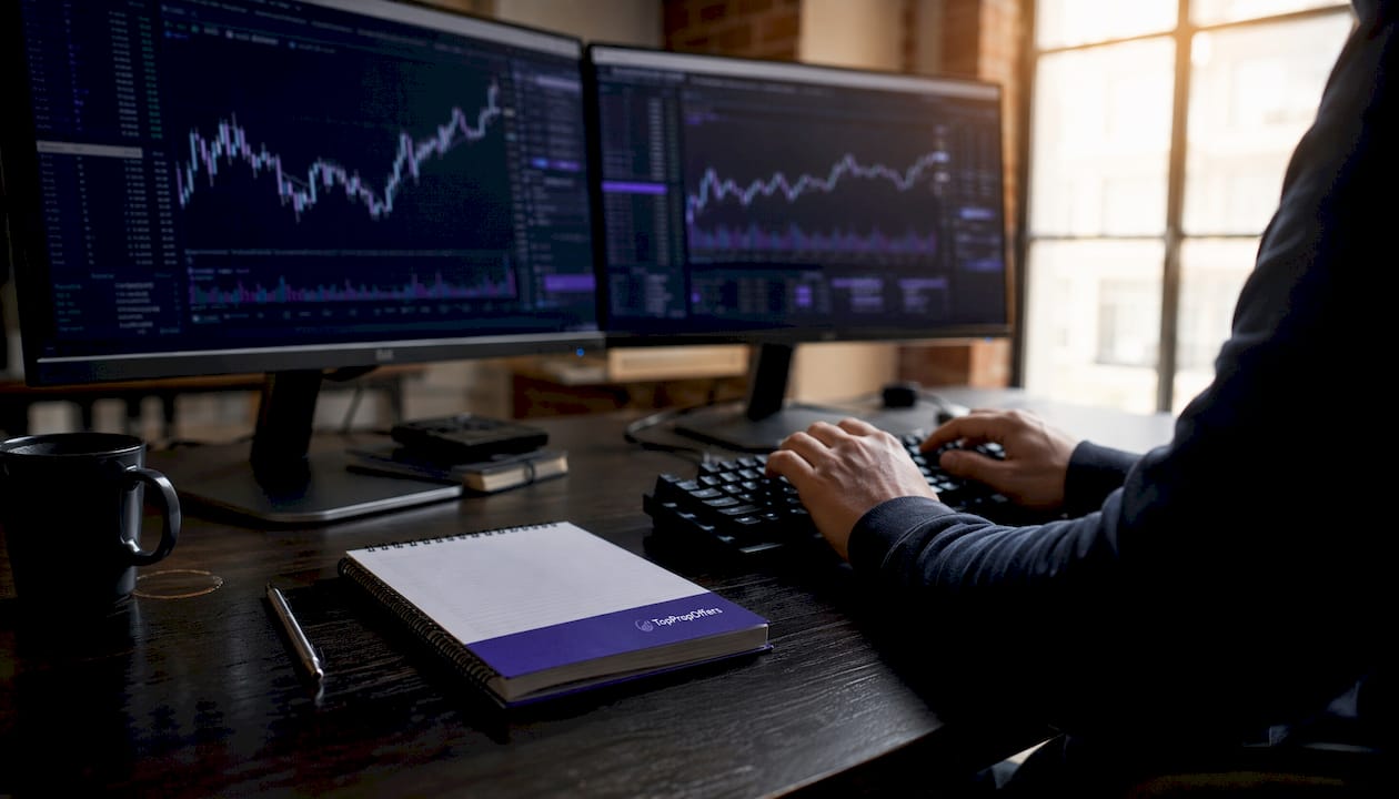 Trader hands using dark mode trading terminal