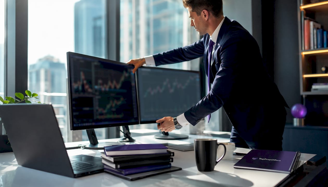 Trader’s hands using trading terminals with trophies
