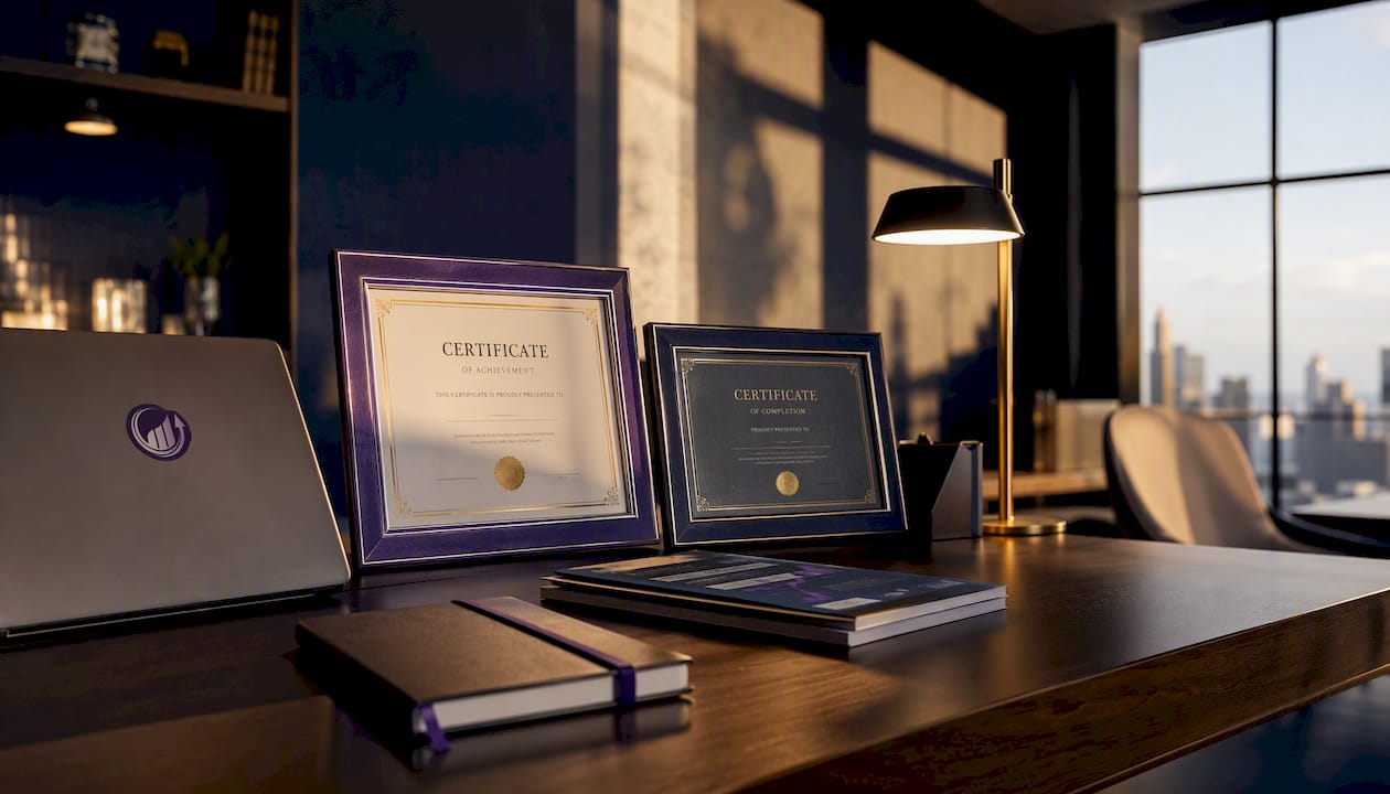 Prop trading evaluation certificates on modern office desk