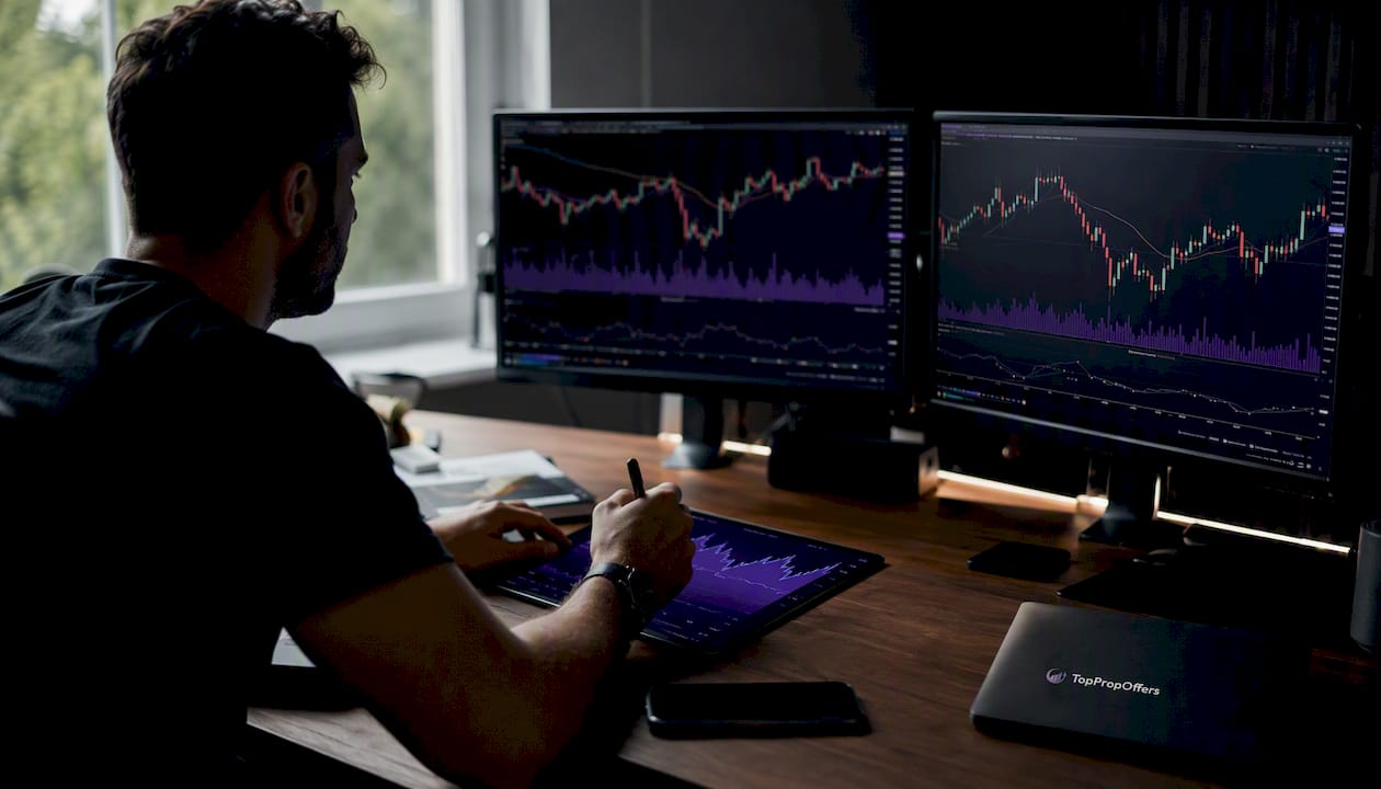 Close-up hands analyzing trading charts on tablet and monitor